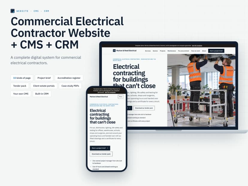 Commercial Electrical Contractor Website, CMS and CRM: the website on a laptop and a phone