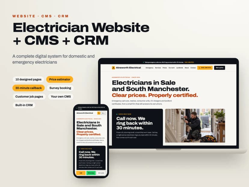 Electrician Website, CMS and CRM: the website on a laptop and a phone