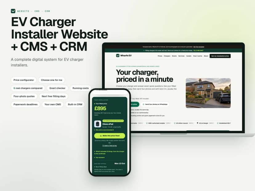 EV Charger Installer Website, CMS and CRM: the website on a laptop and a phone