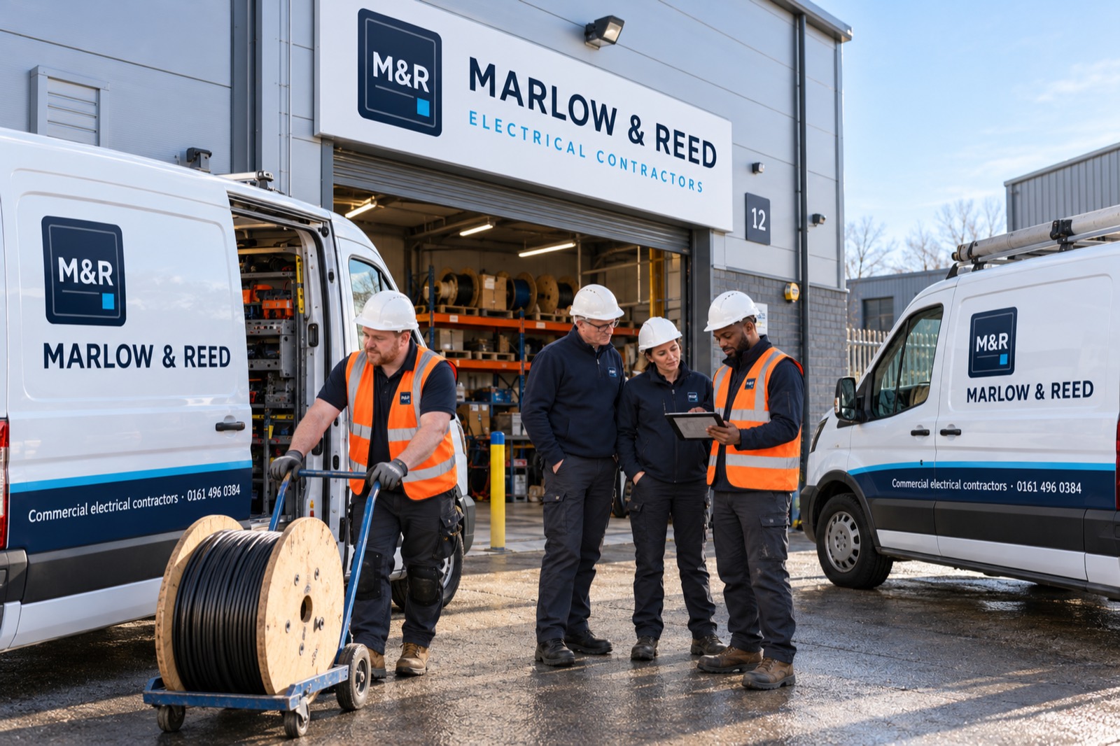 The Marlow & Reed unit on an industrial estate, two liveried vans outside the open shutter, an electrician wheeling a cable drum while three colleagues talk by the door.