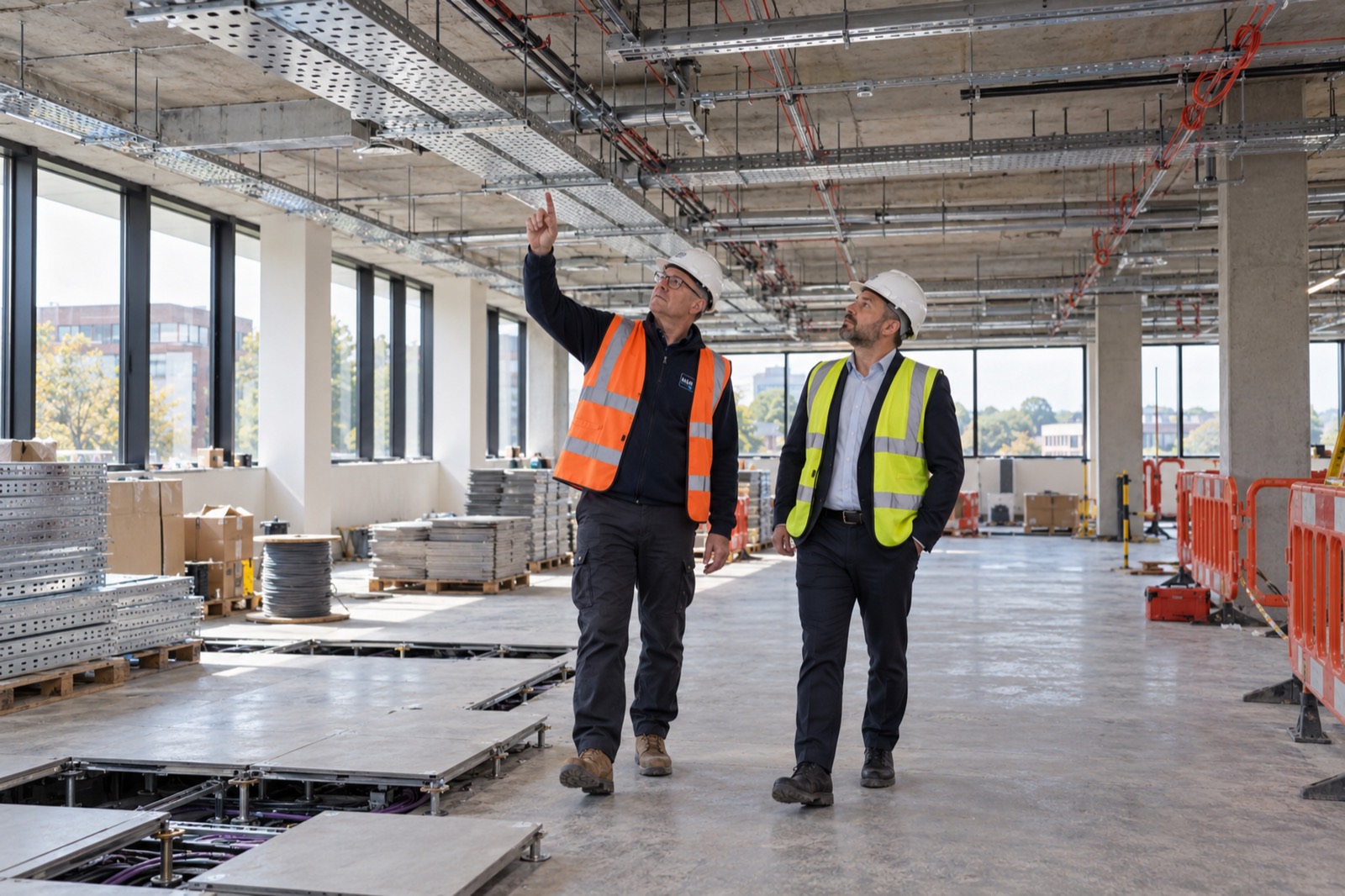 An office floor mid-refurbishment before the ceilings went in, new containment and cable tray overhead and floor tiles lifted, Marlow & Reed's managing director pointing up at the containment as he walks the landlord's agent round.