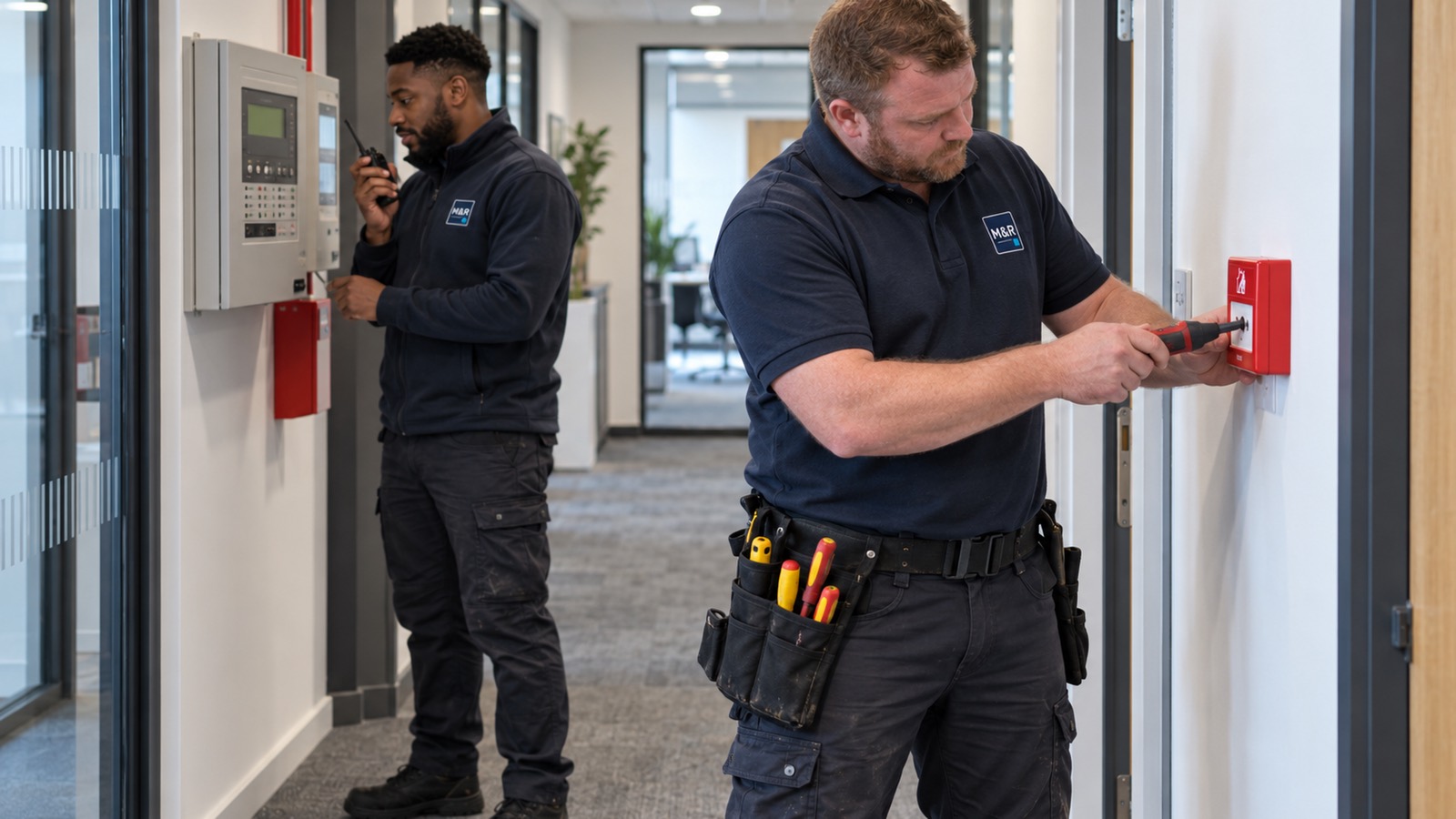Two electricians testing a fire alarm in an office corridor, one at the control panel with a radio and one setting off a red call point.