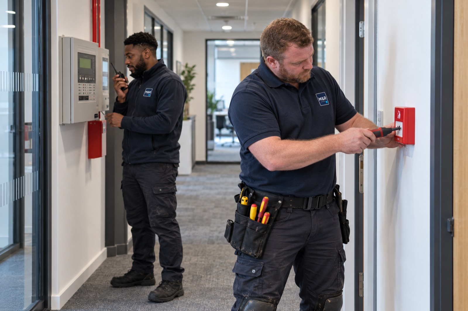 Two electricians testing a fire alarm in an office corridor, one at the control panel with a radio and one setting off a red call point.
