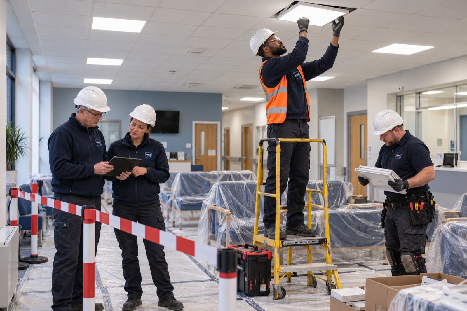 Electricians fitting new ceiling lights in a clinic waiting area under refurbishment, the furniture sheeted and the area taped off while two colleagues check a plan.