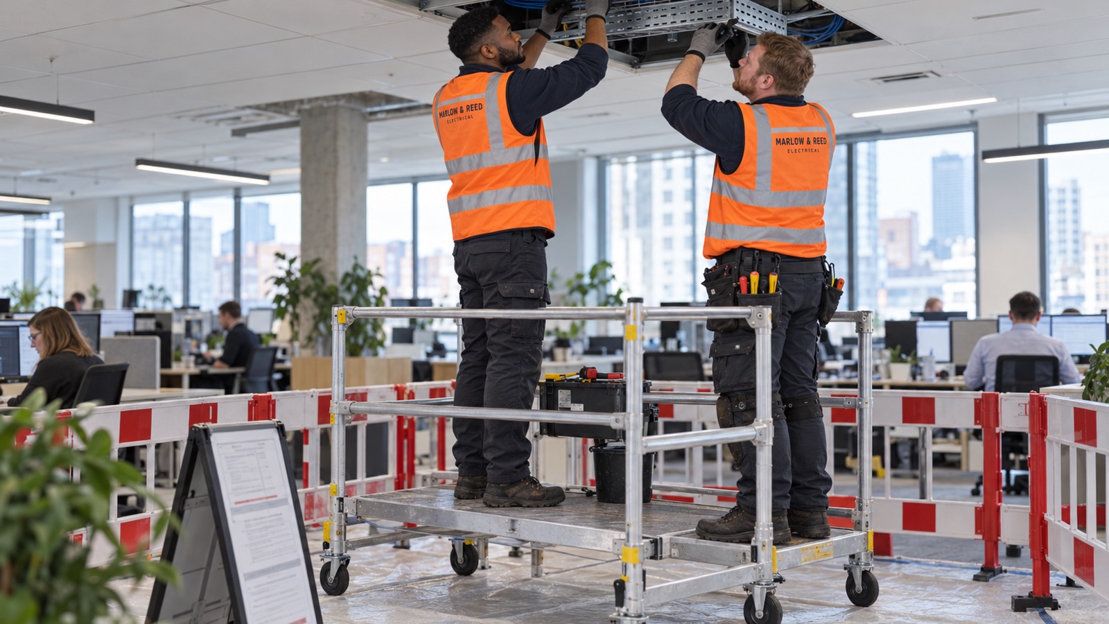 Two Marlow & Reed electricians in hi-vis on a podium, fixing cable tray into an open office ceiling behind a barrier and a permit board, while staff keep working at their desks beyond.