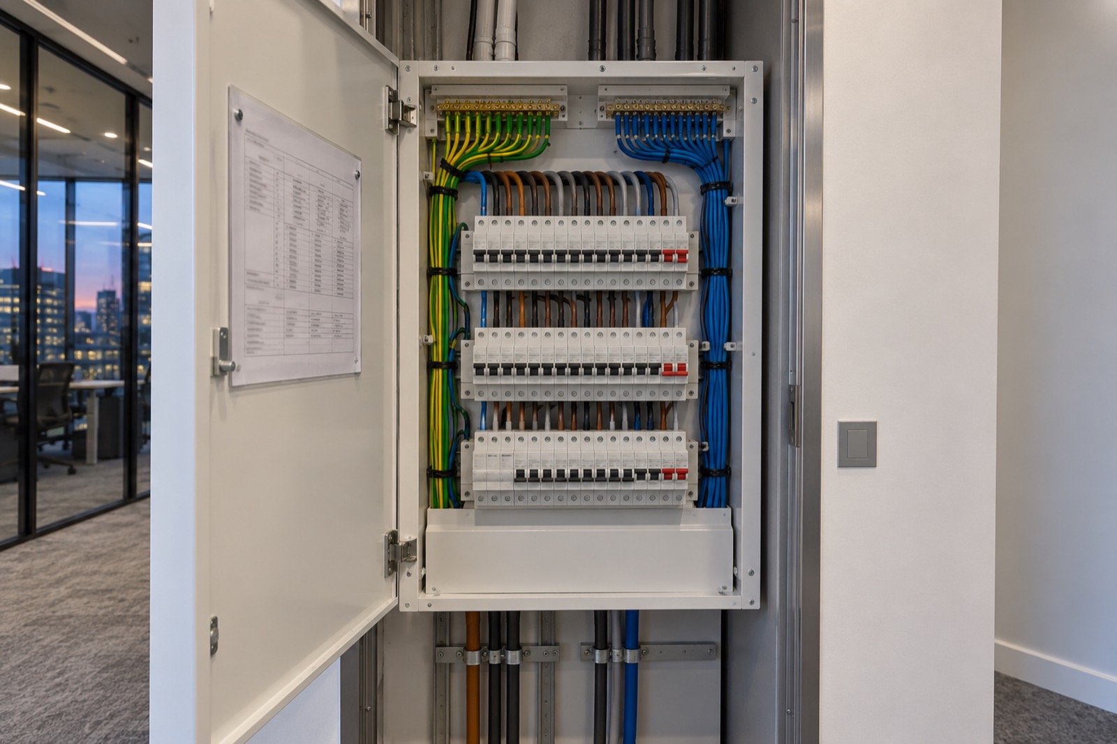 A new distribution board with its door open, rows of labelled circuit breakers and neat cable runs, a circuit chart fixed inside the door.