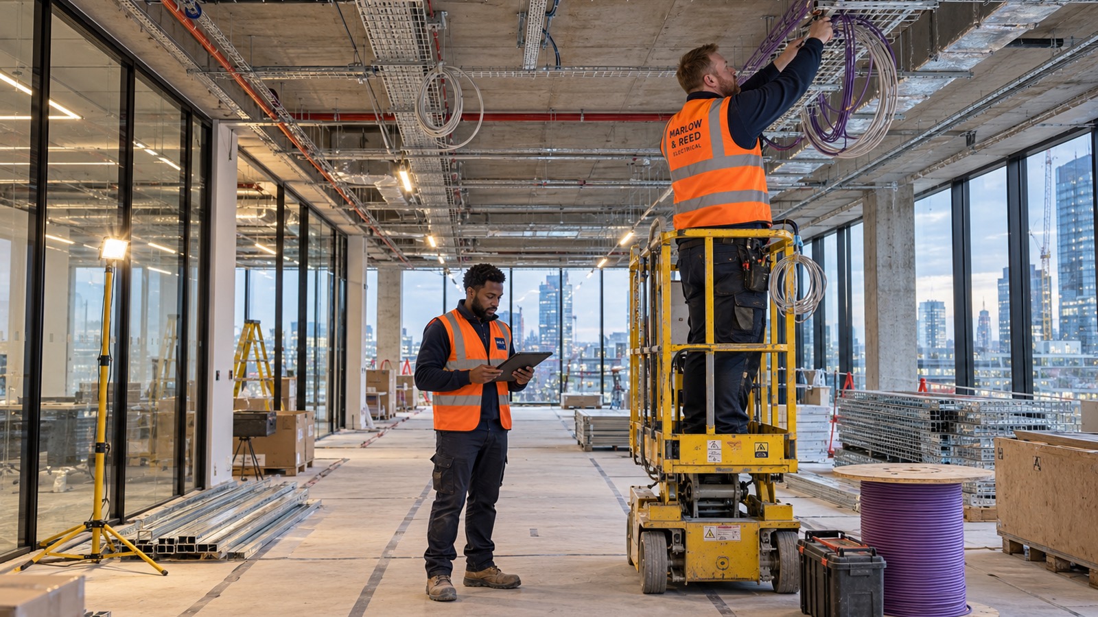 An office floor under fit-out with cable trays in the open ceiling, an electrician on a scissor lift pulling cable and the project manager checking a tablet below, the city skyline through the windows.