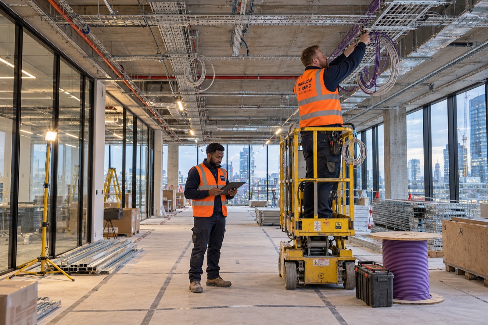 An office floor under fit-out with cable trays in the open ceiling, an electrician on a scissor lift pulling cable and the project manager checking a tablet below, the city skyline through the windows.
