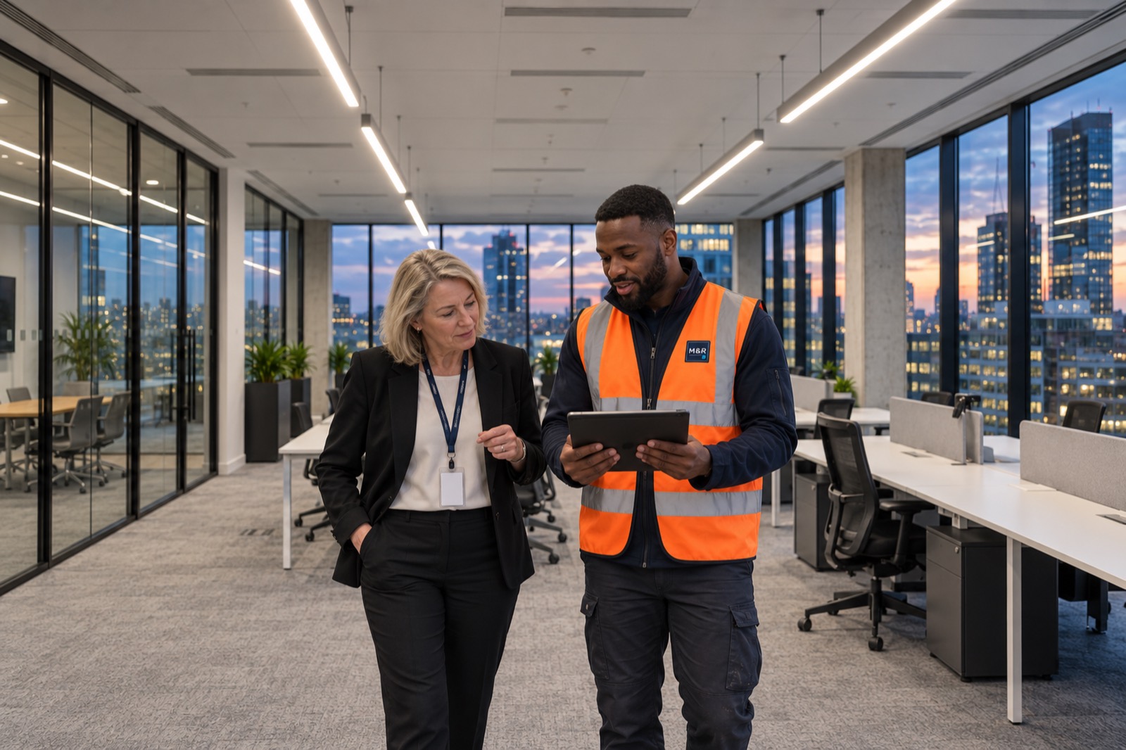 A Marlow & Reed project manager in hi-vis showing a client a tablet as they walk through a finished open-plan office at dusk.