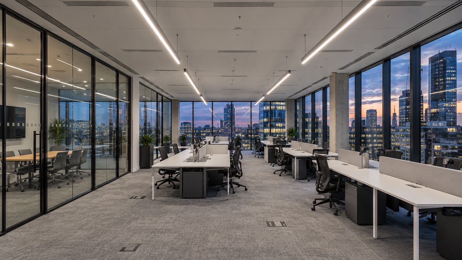 A finished open-plan office at dusk, long linear lights over rows of white desks, glass meeting rooms along one side and city towers through the windows.