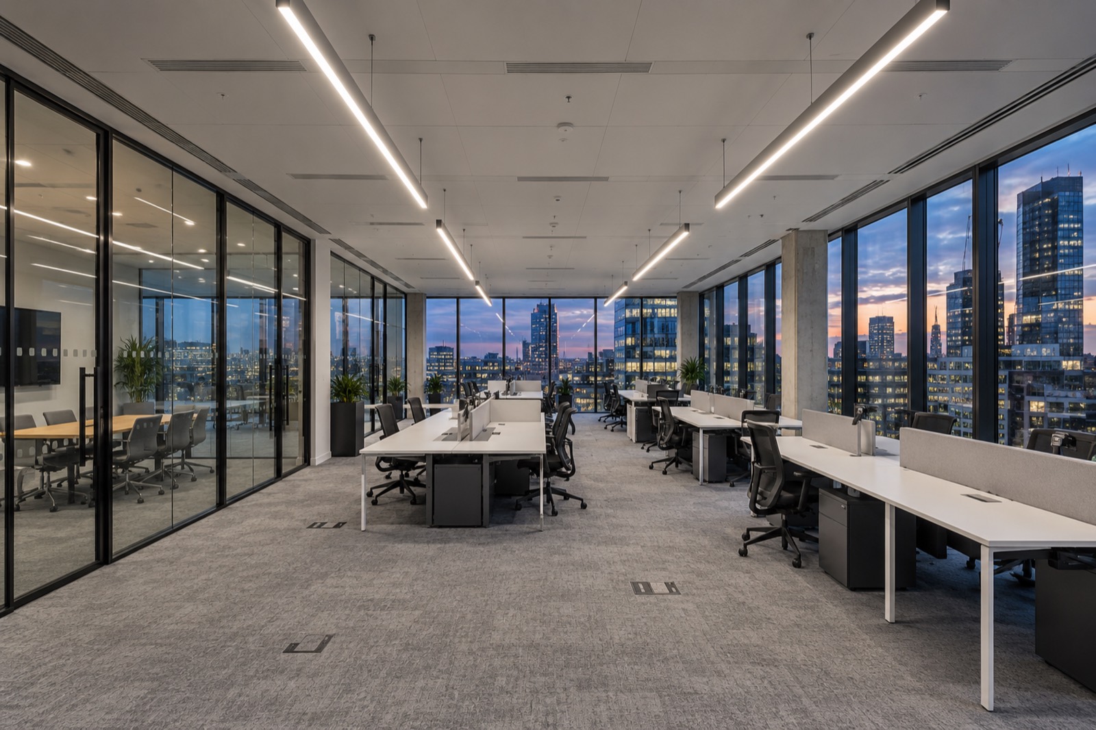 A finished open-plan office at dusk, long linear lights over rows of white desks, glass meeting rooms along one side and city towers through the windows.