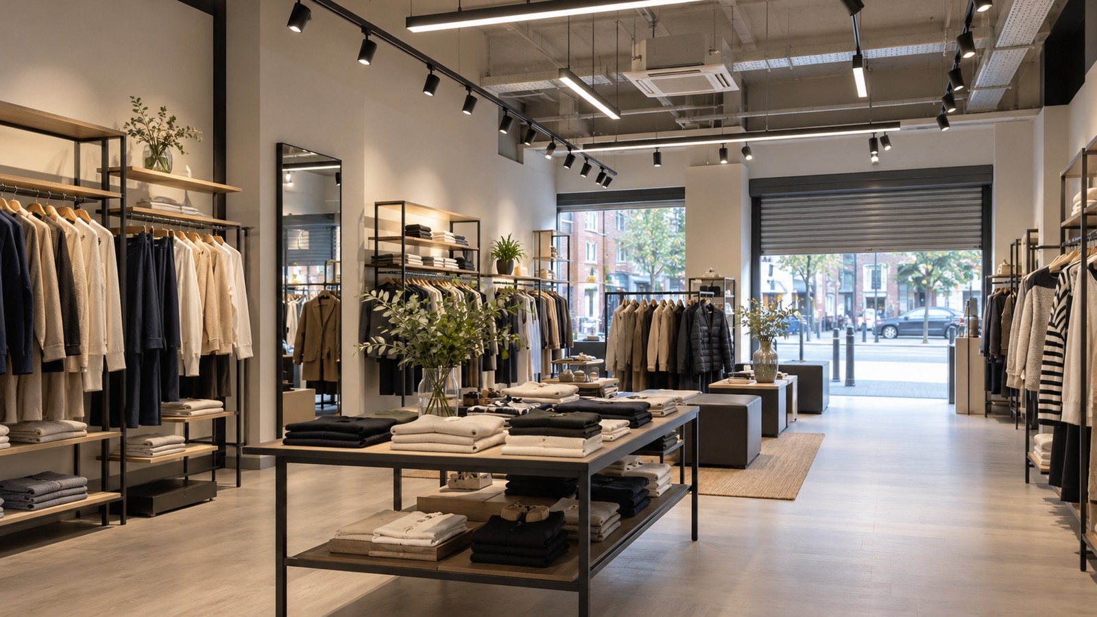 A finished clothing shop with black track spotlights and linear lights over rails of clothes and display tables, the street visible through the open front.