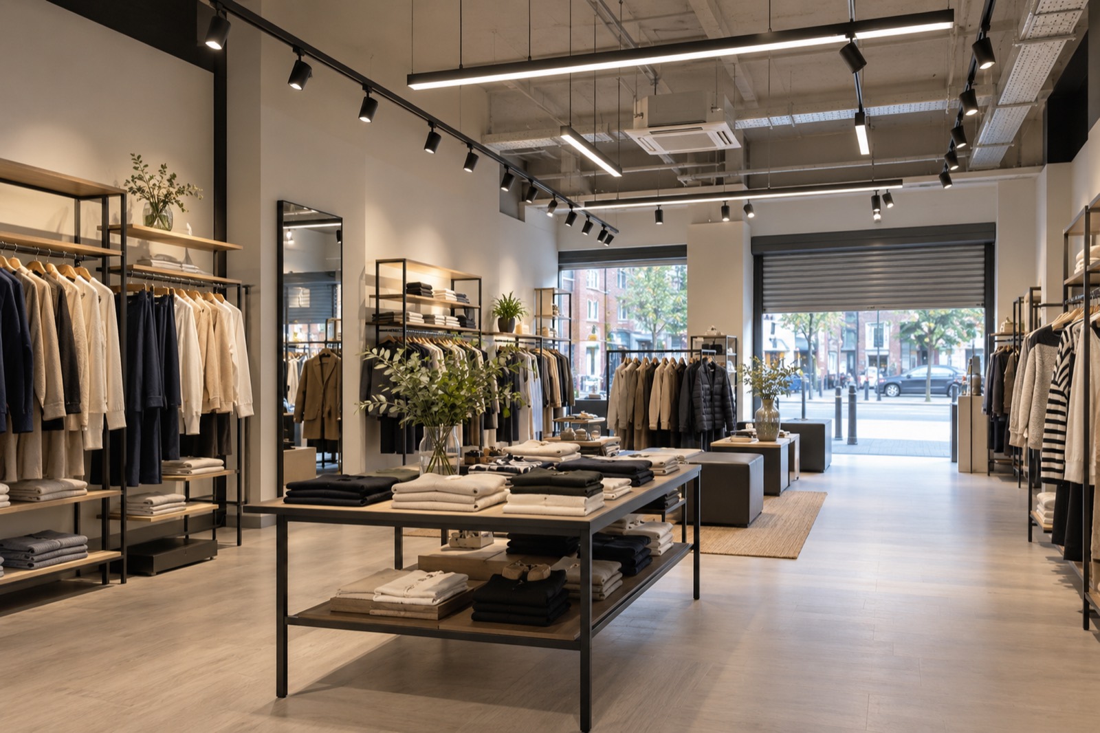 A finished clothing shop with black track spotlights and linear lights over rails of clothes and display tables, the street visible through the open front.