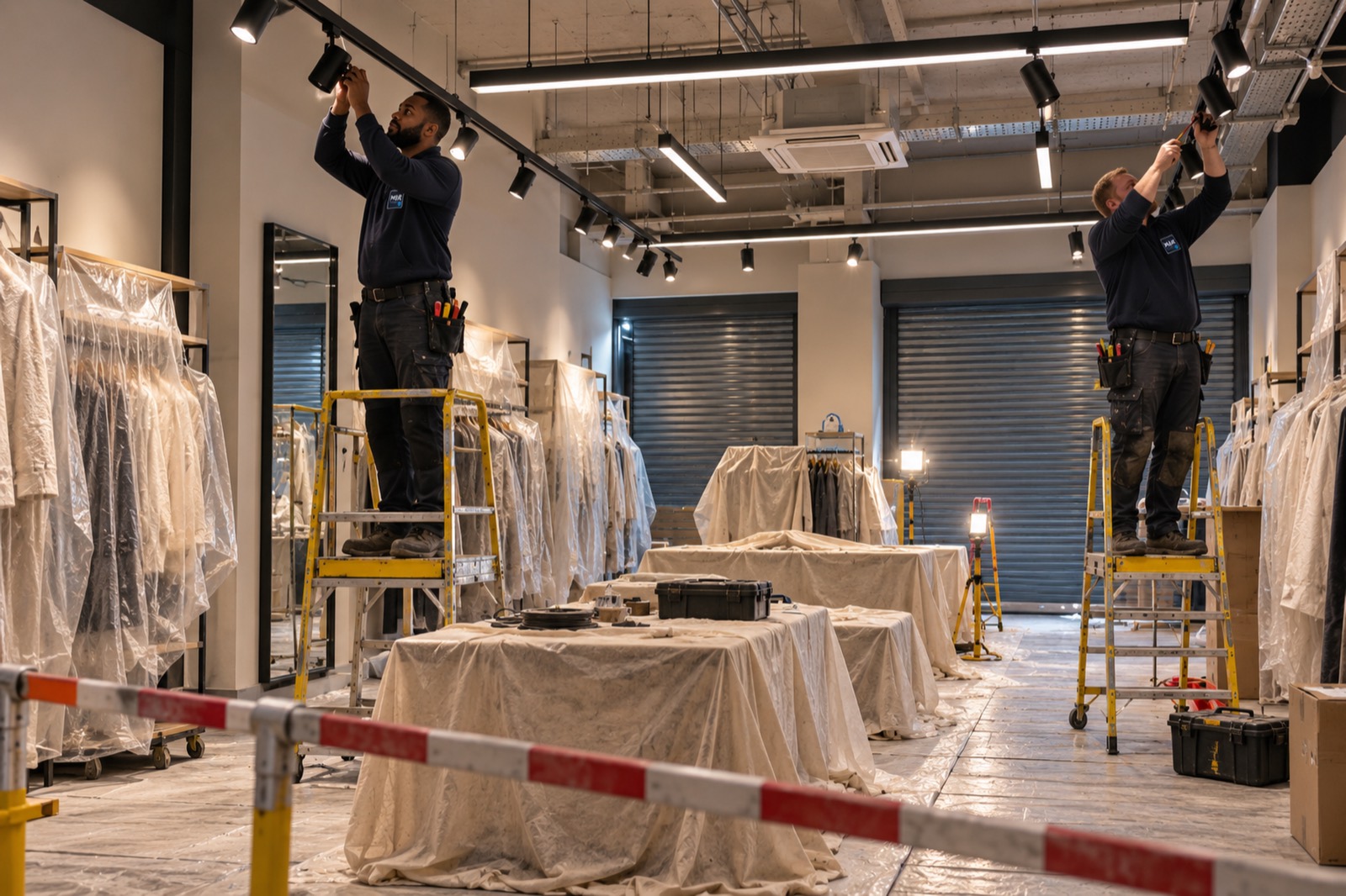 Electricians on stepladders adjusting track lights in a clothing shop at night, the rails covered in plastic and the tables under dust sheets behind a barrier, shutters down.