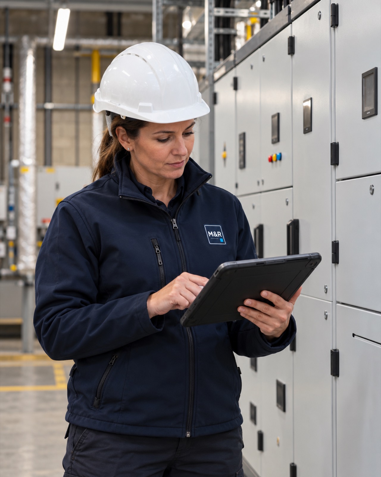 Sarah Reed, technical director, in a hard hat and a Marlow & Reed jacket, reading a tablet beside a row of switchgear.
