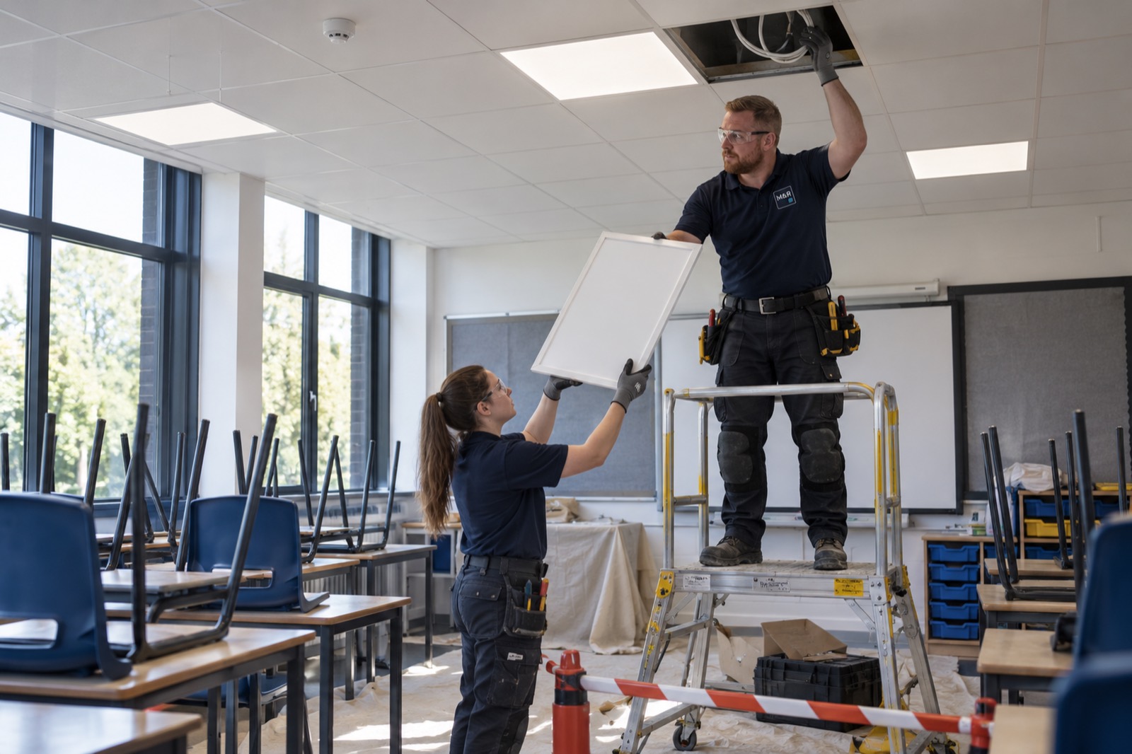 Two electricians fitting LED panels into the ceiling of an empty classroom, one on a podium step and one handing up a panel, the chairs stacked on the desks.