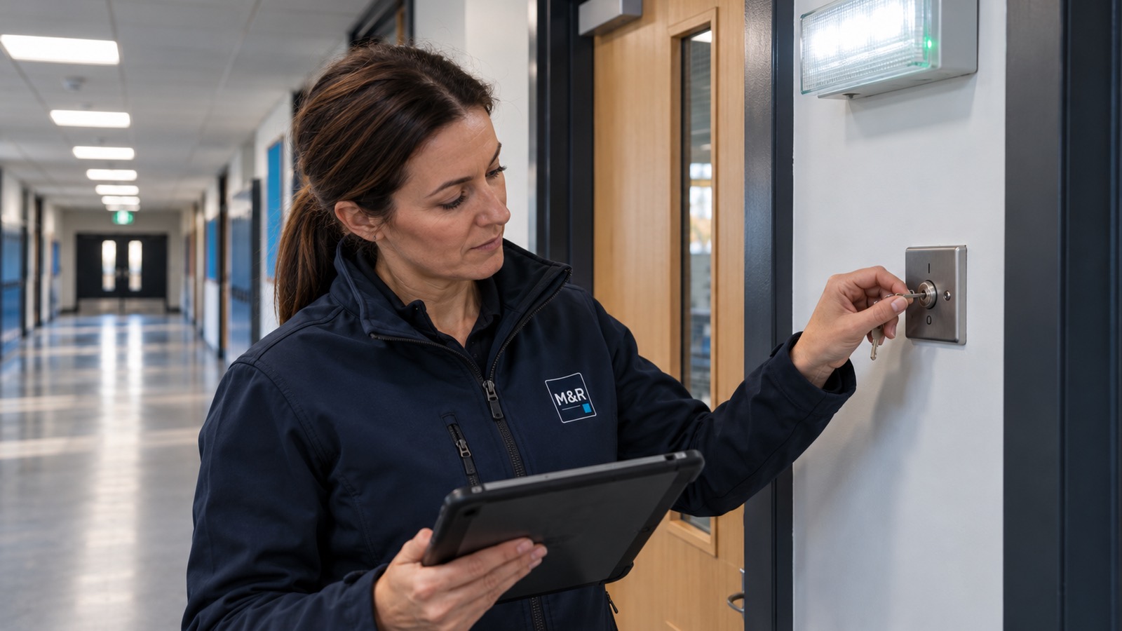 An electrician with a tablet turning a key switch to test the emergency lighting beside an exit sign in a school corridor.