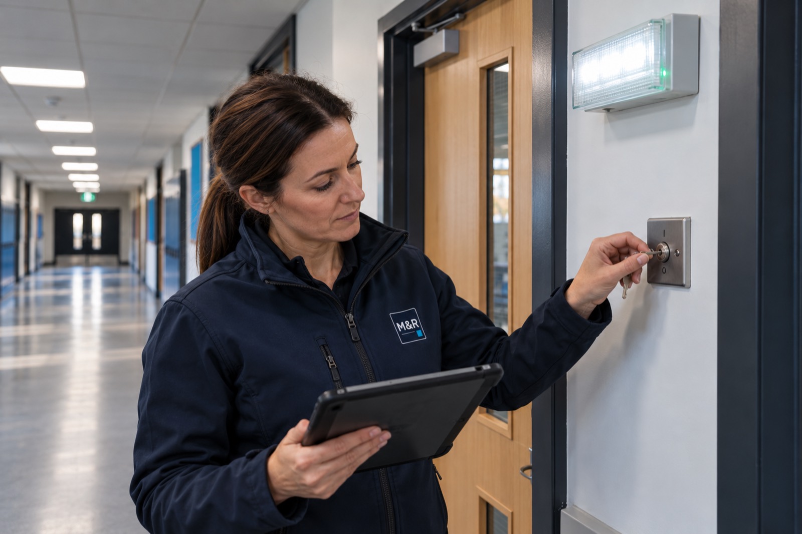 An electrician with a tablet turning a key switch to test the emergency lighting beside an exit sign in a school corridor.