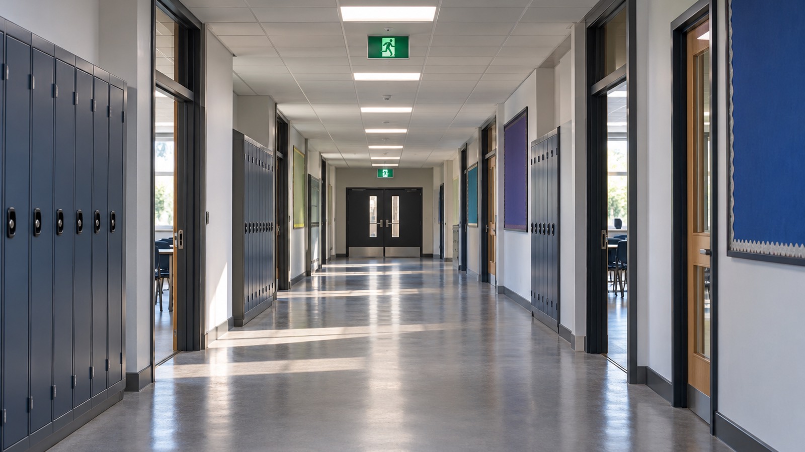 A bright school corridor with new LED ceiling panels, navy lockers and green emergency exit signs above the doors.