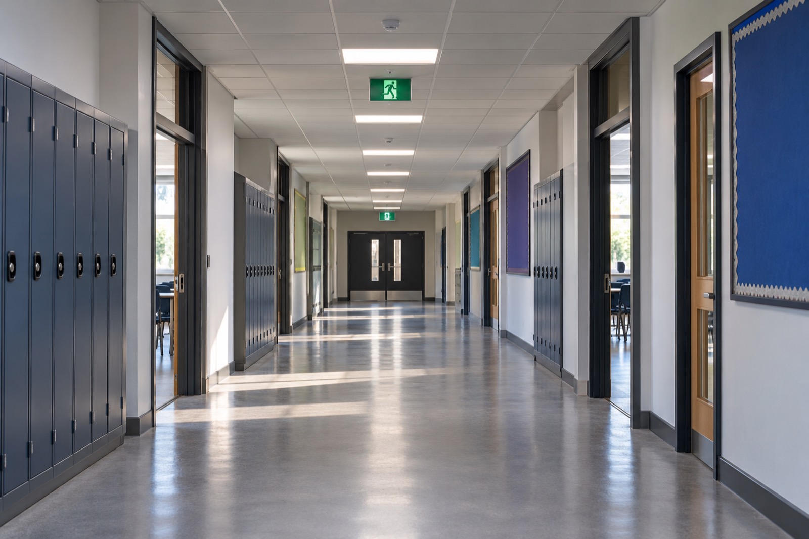 A bright school corridor with new LED ceiling panels, navy lockers and green emergency exit signs above the doors.