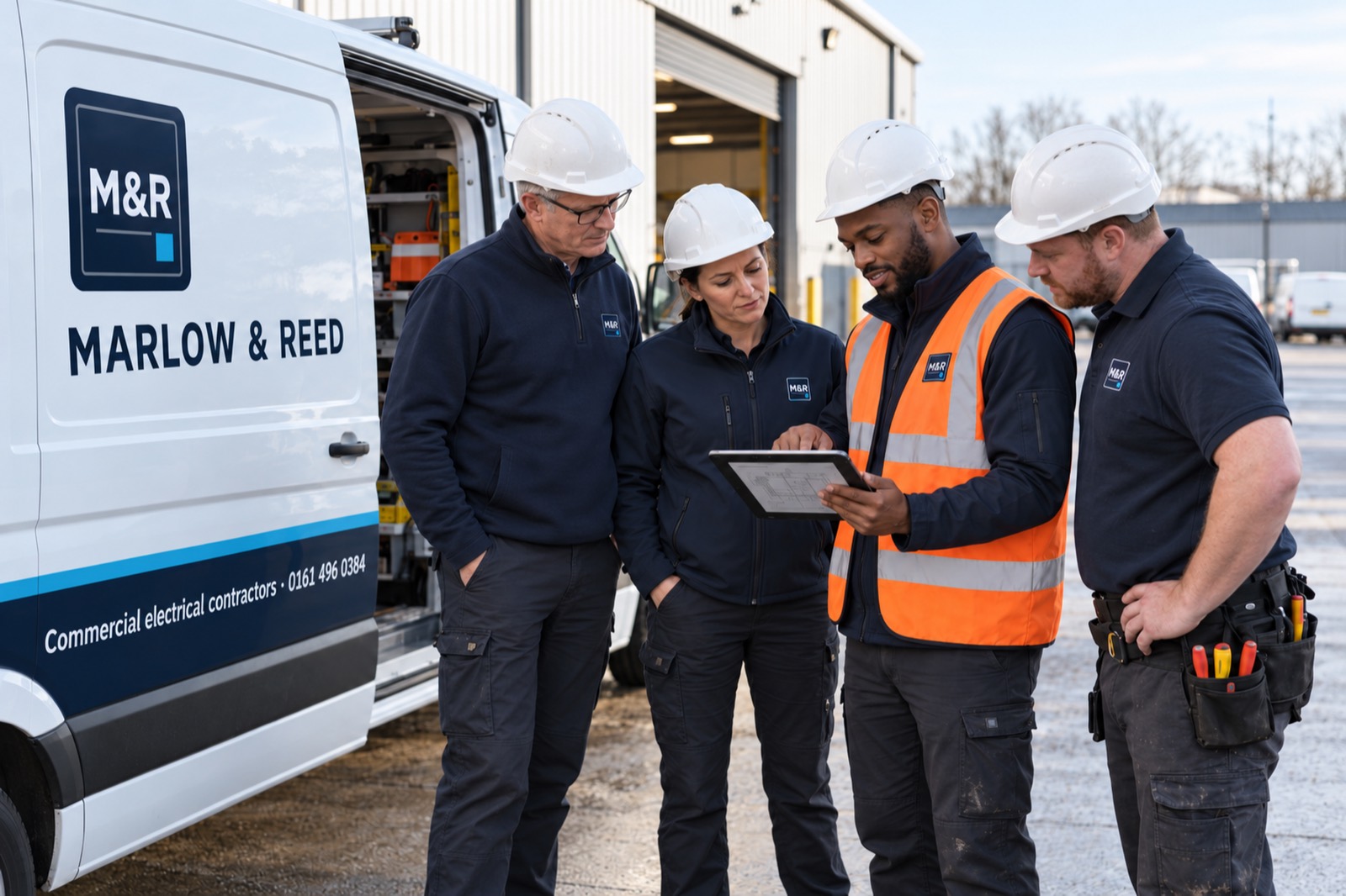 Four Marlow & Reed staff in hard hats looking at a tablet together beside the open side door of a liveried van, in the yard of their unit.