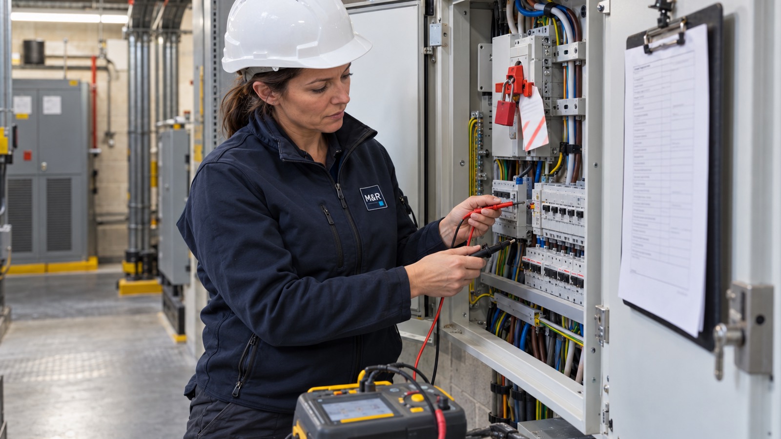 An electrician in a hard hat testing a locked-off distribution board in a plant room, a multifunction tester at her side and a sheet of test results clipped to the door.