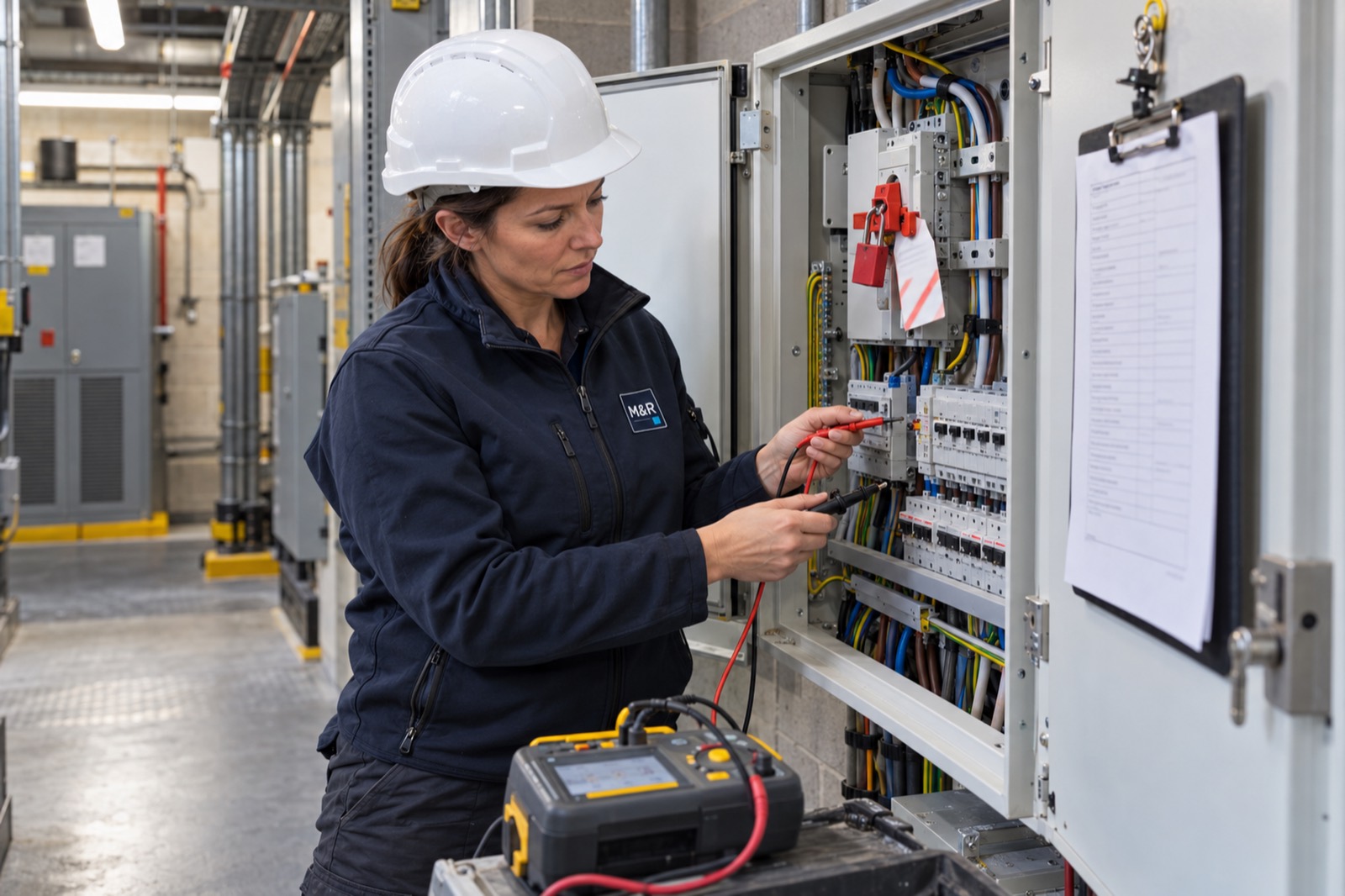 An electrician in a hard hat testing a locked-off distribution board in a plant room, a multifunction tester at her side and a sheet of test results clipped to the door.