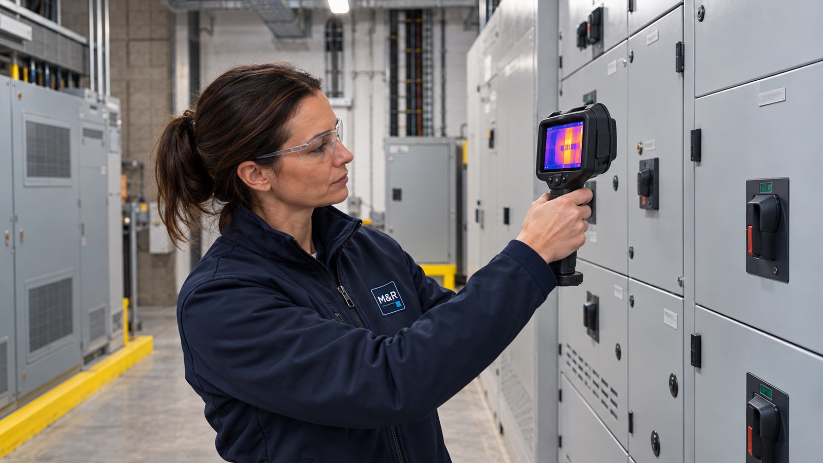 An electrician in safety glasses holding a thermal imaging camera up to closed electrical switchgear in a plant room.