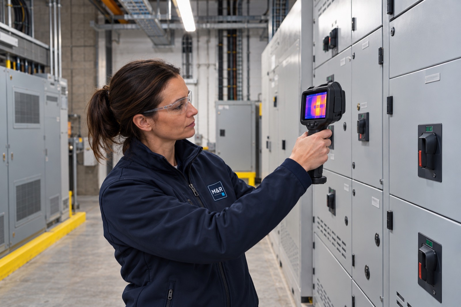 An electrician in safety glasses holding a thermal imaging camera up to closed electrical switchgear in a plant room.