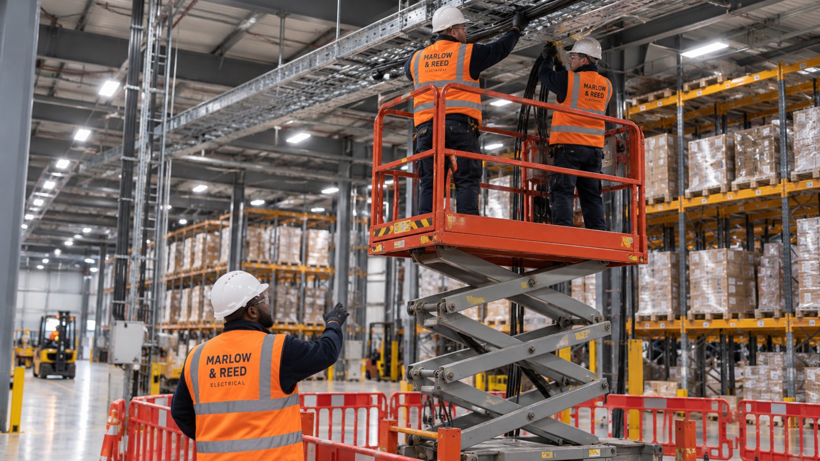 Two electricians in Marlow & Reed hi-vis on a scissor lift pulling cable through trays above warehouse racking, a third watching from behind barriers.