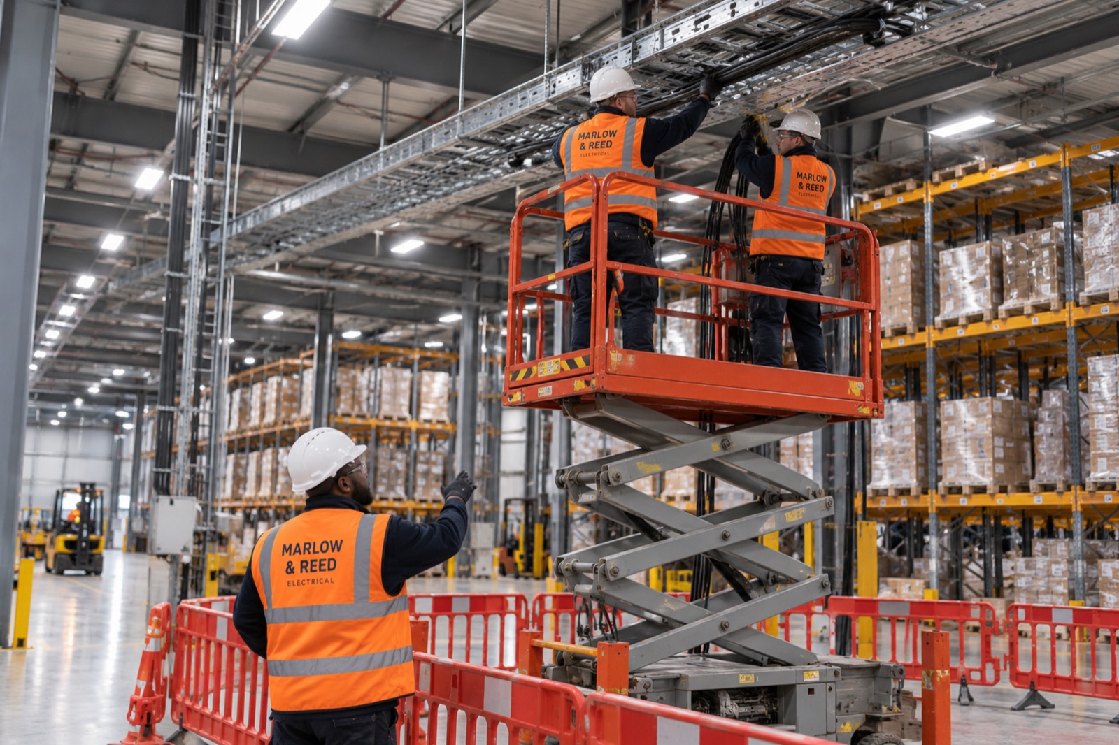 Two electricians in Marlow & Reed hi-vis on a scissor lift pulling cable through trays above warehouse racking, a third watching from behind barriers.