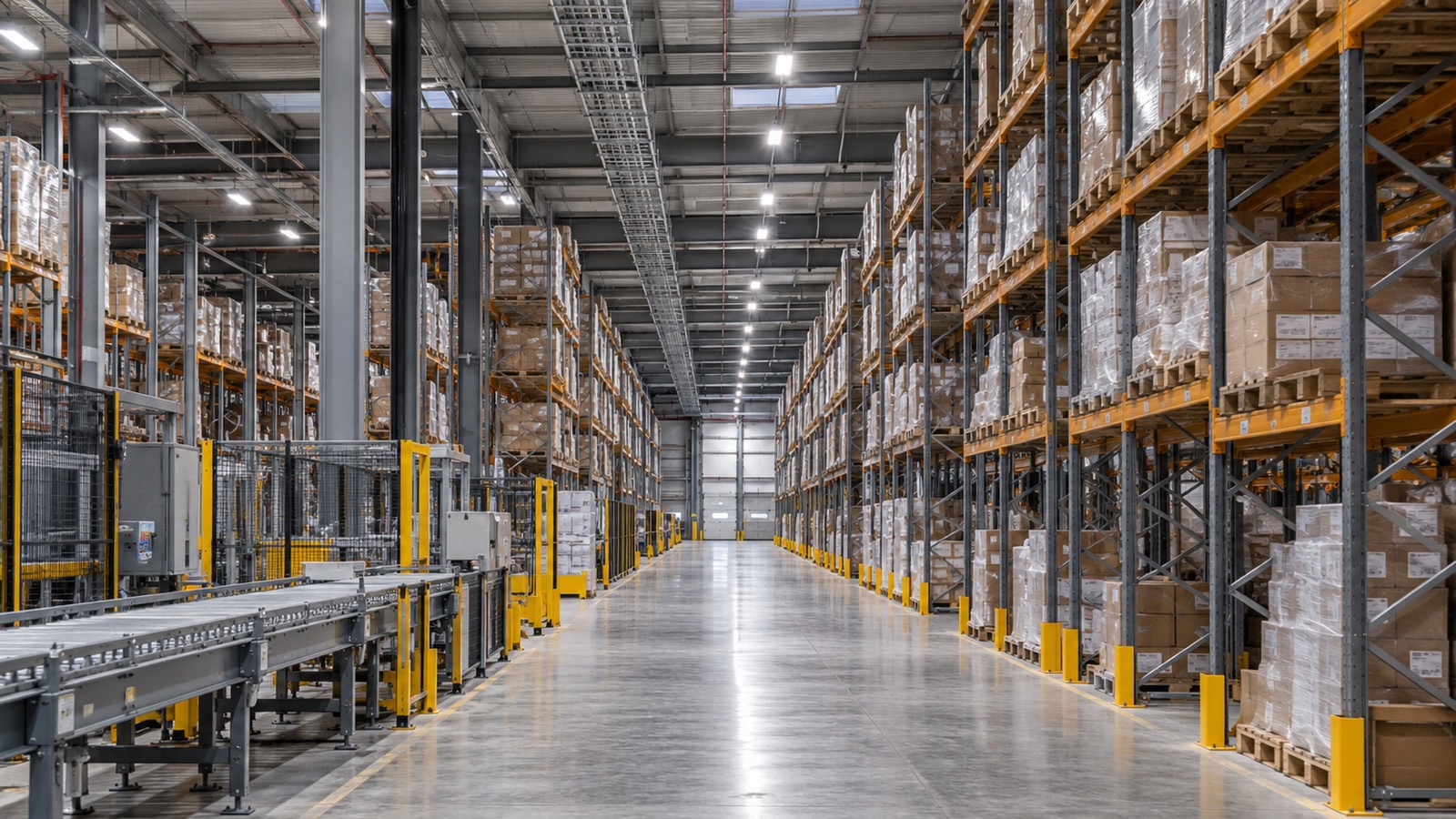 A long distribution centre aisle of high pallet racking and conveyors under rows of new LED high-bay lights, cable tray running overhead.