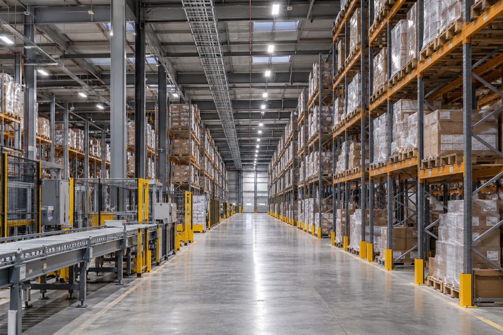 A long distribution centre aisle of high pallet racking and conveyors under rows of new LED high-bay lights, cable tray running overhead.