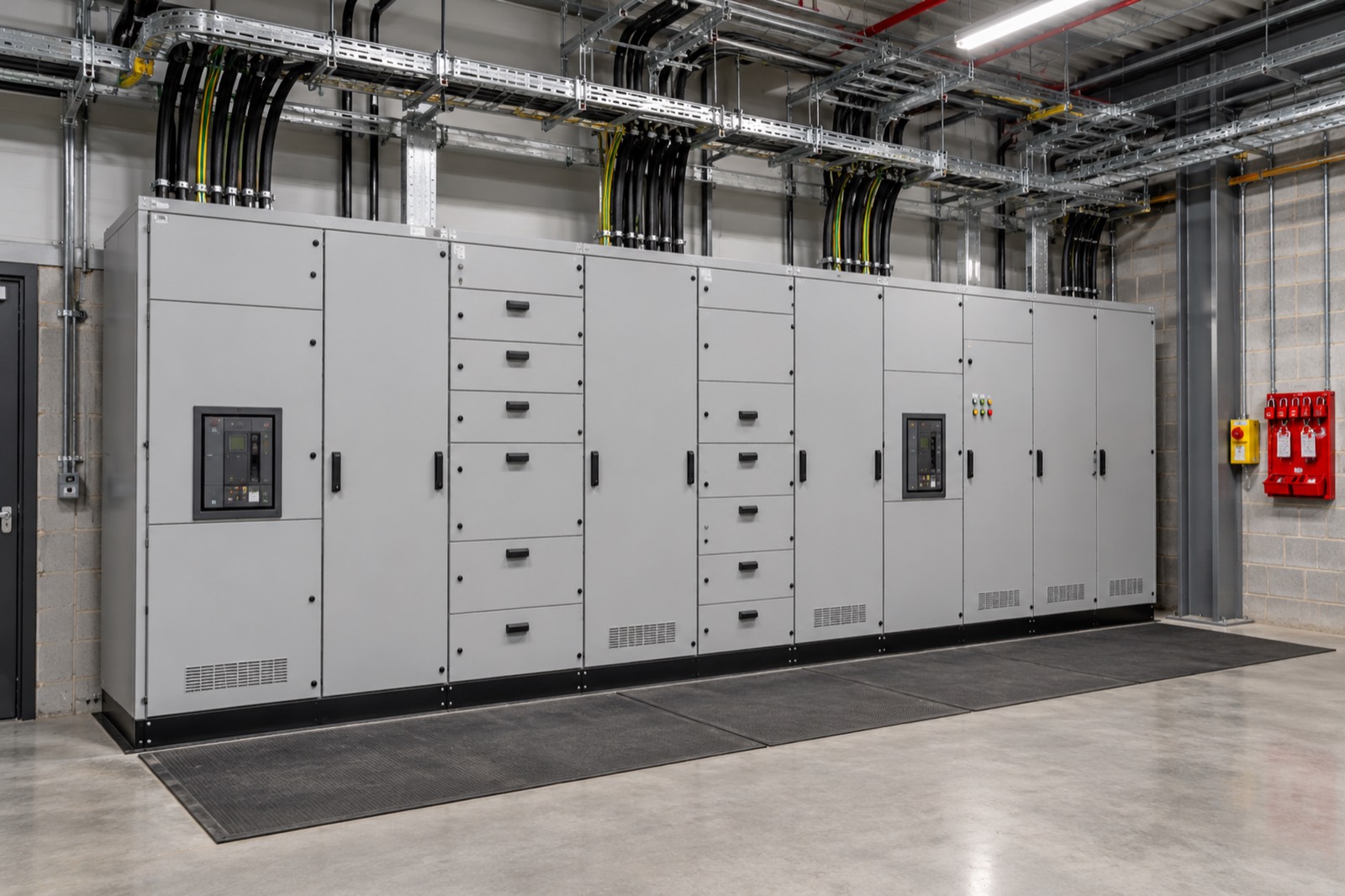 A new grey low-voltage switchboard along a plant room wall, cables dropping into it from trays overhead and a rubber safety mat in front.