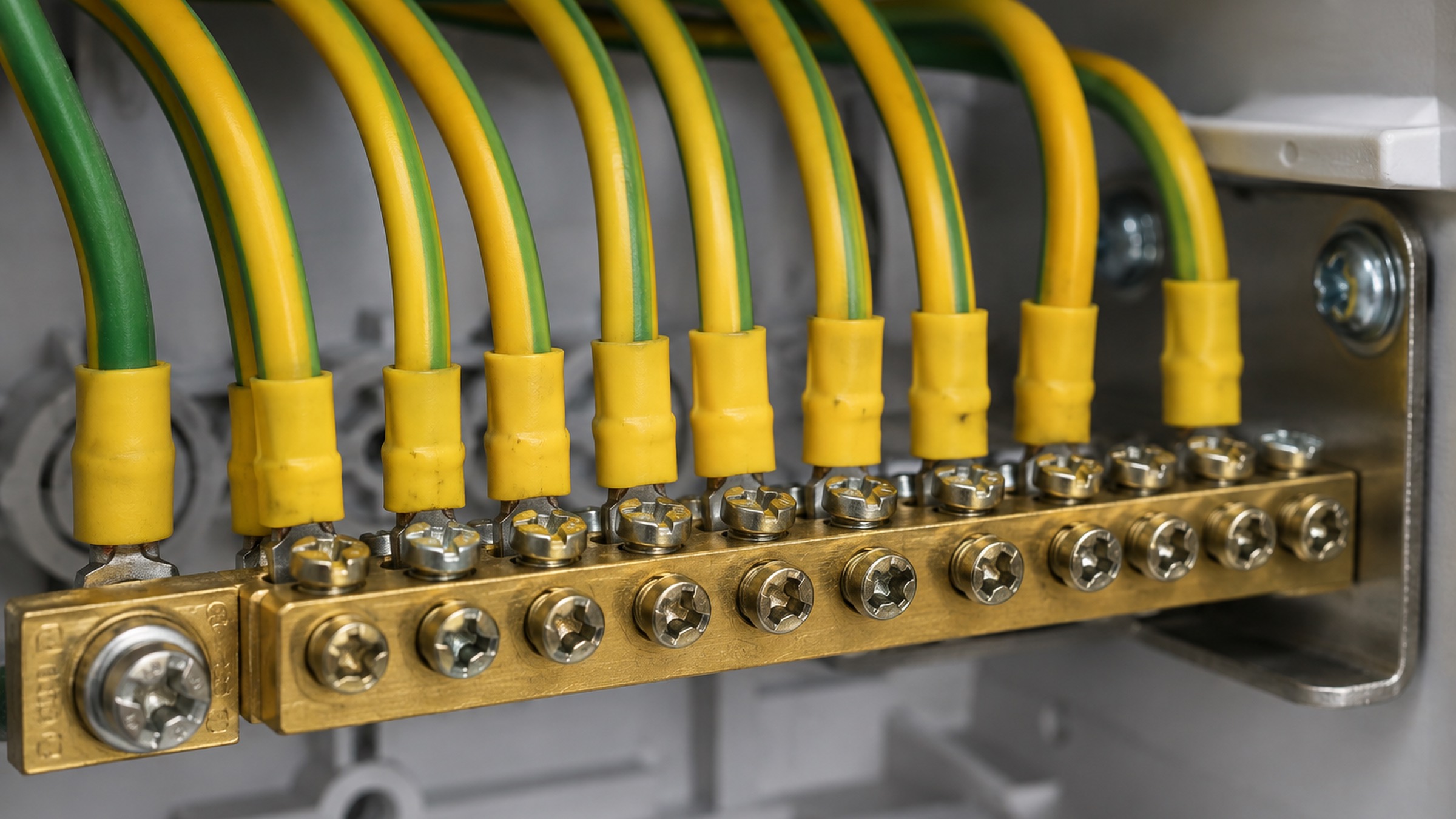 Close-up of green-and-yellow earth cables crimped into a brass earth bar.