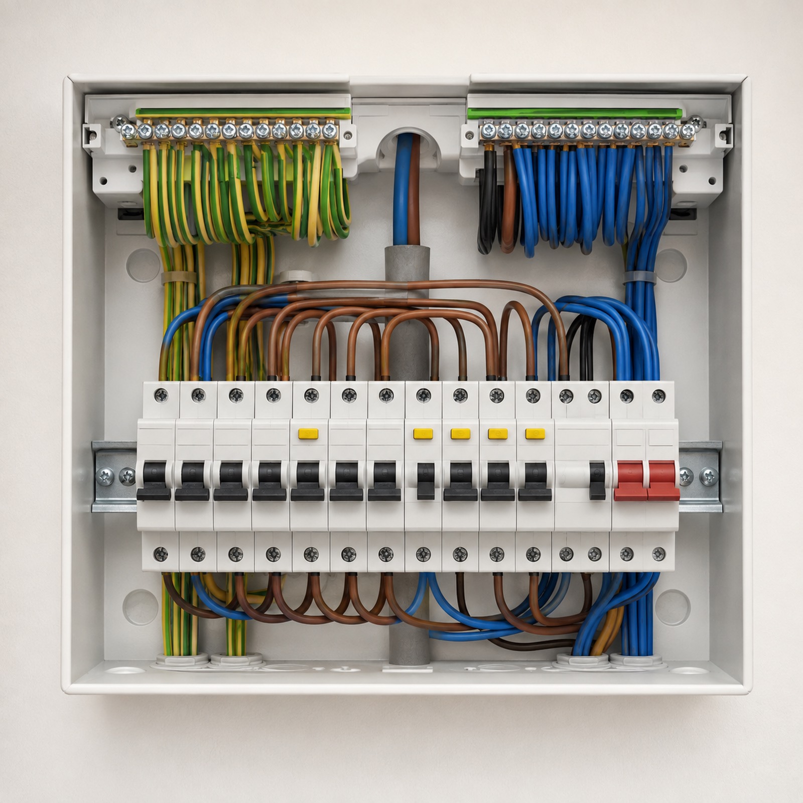 A new consumer unit with its cover off, rows of breakers and neatly dressed cables.
