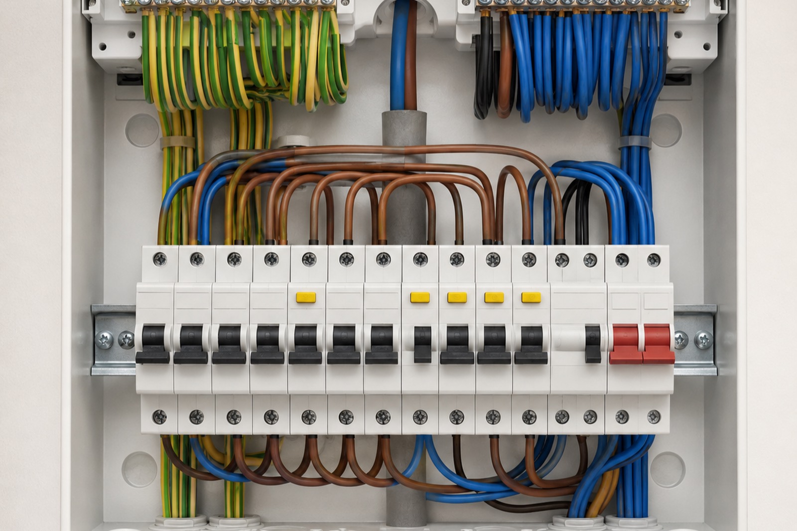 A new consumer unit with its cover off, rows of breakers and neatly dressed cables.