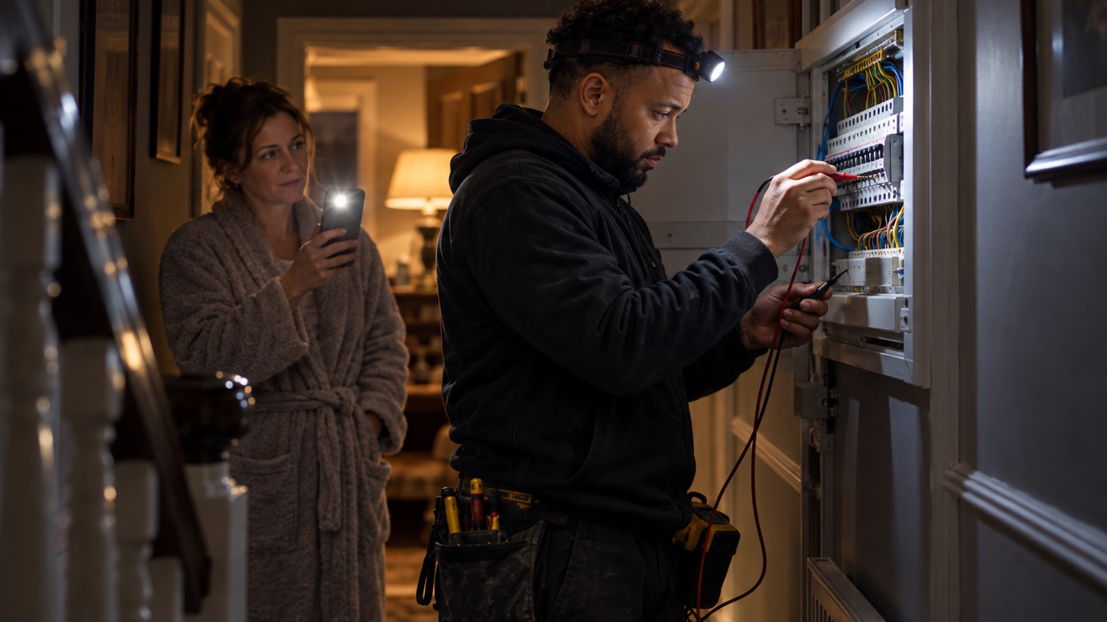 At night, an electrician in a head torch tests an open consumer unit while the homeowner, in a dressing gown, holds up her phone light.