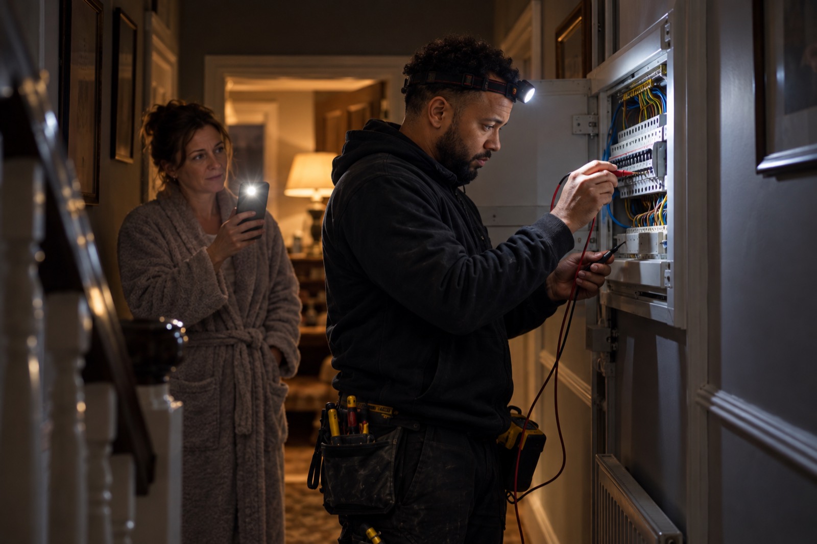 At night, an electrician in a head torch tests an open consumer unit while the homeowner, in a dressing gown, holds up her phone light.