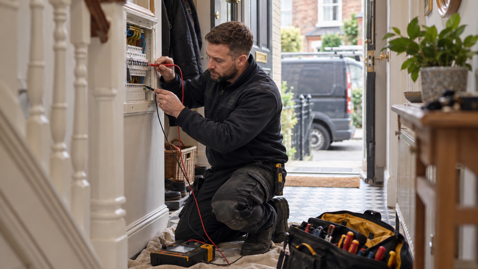 An electrician kneeling on a dust sheet in a tiled Victorian hallway, testing an open consumer unit, the front door open onto a charcoal van.