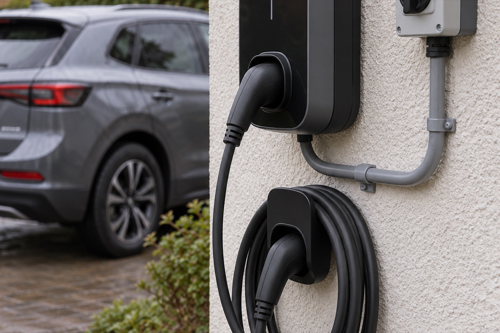A new EV charger on a rendered wall, its cable coiled on the holder beside a grey isolator, the car on the drive behind.