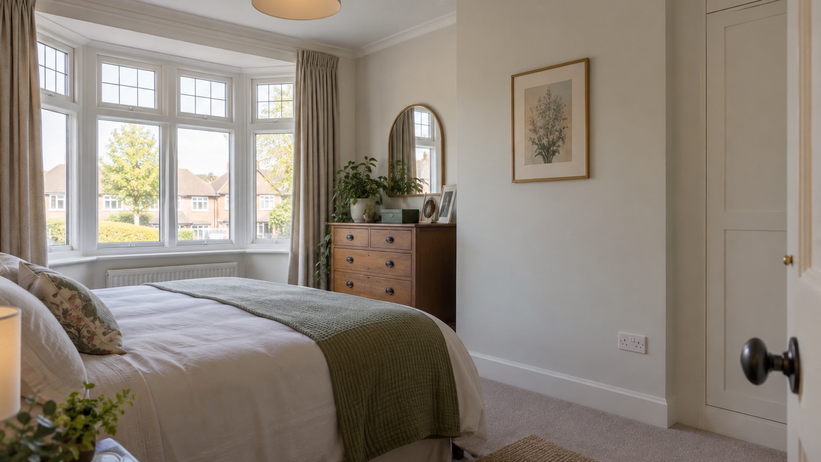 A redecorated front bedroom with a bay window and a new white double socket on the pale wall.