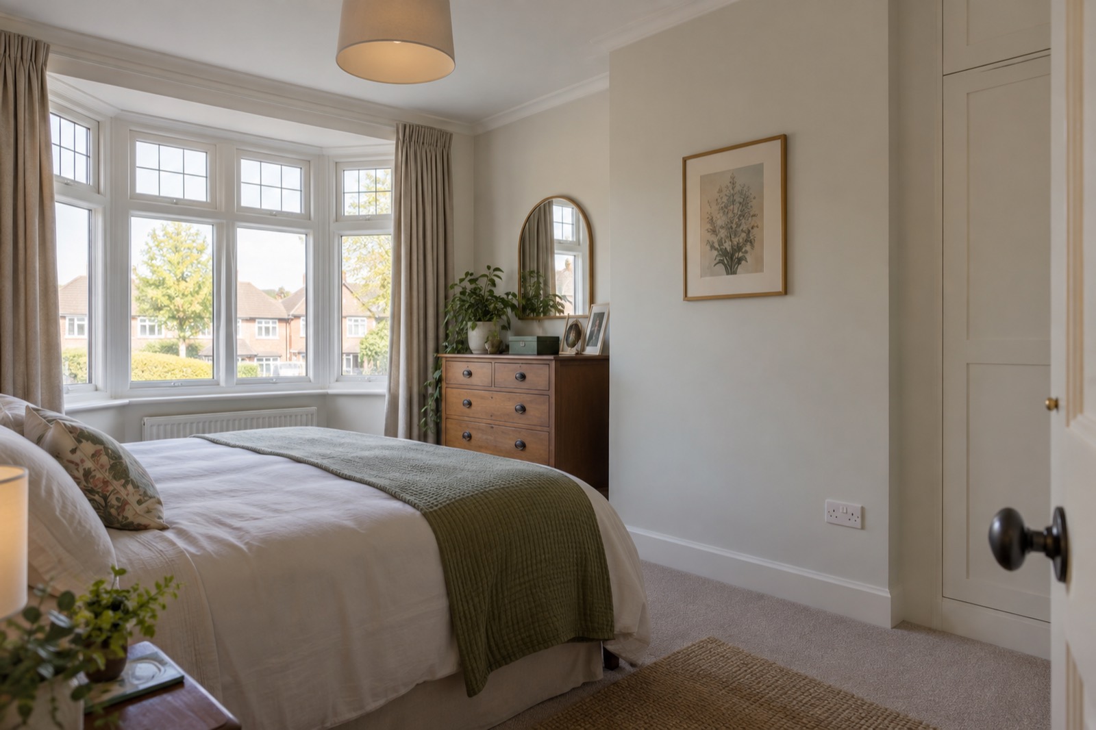 A redecorated front bedroom with a bay window and a new white double socket on the pale wall.