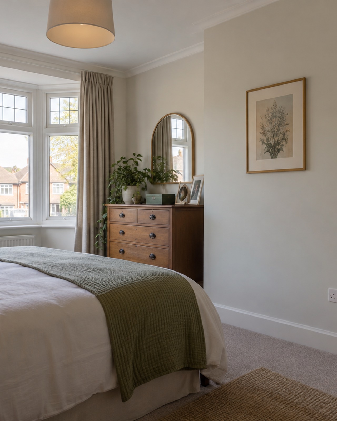 A redecorated front bedroom with a bay window and a new white double socket on the pale wall.