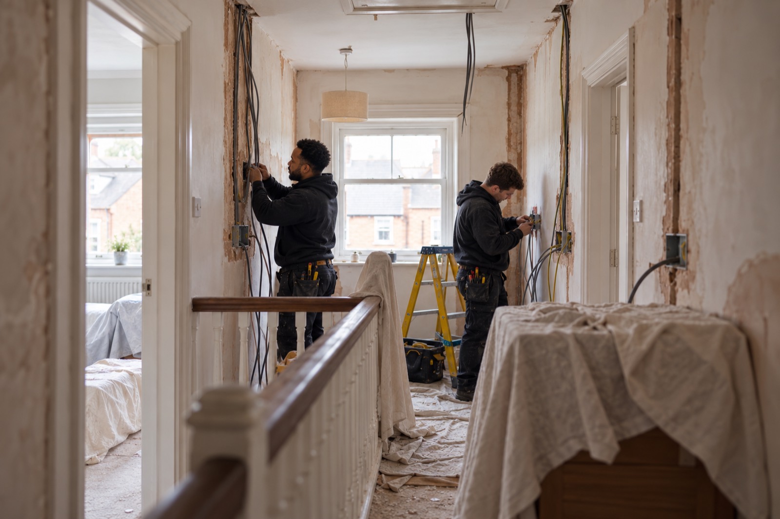 Two electricians at work on a landing mid-rewire, walls chased for new cables, furniture under dust sheets.