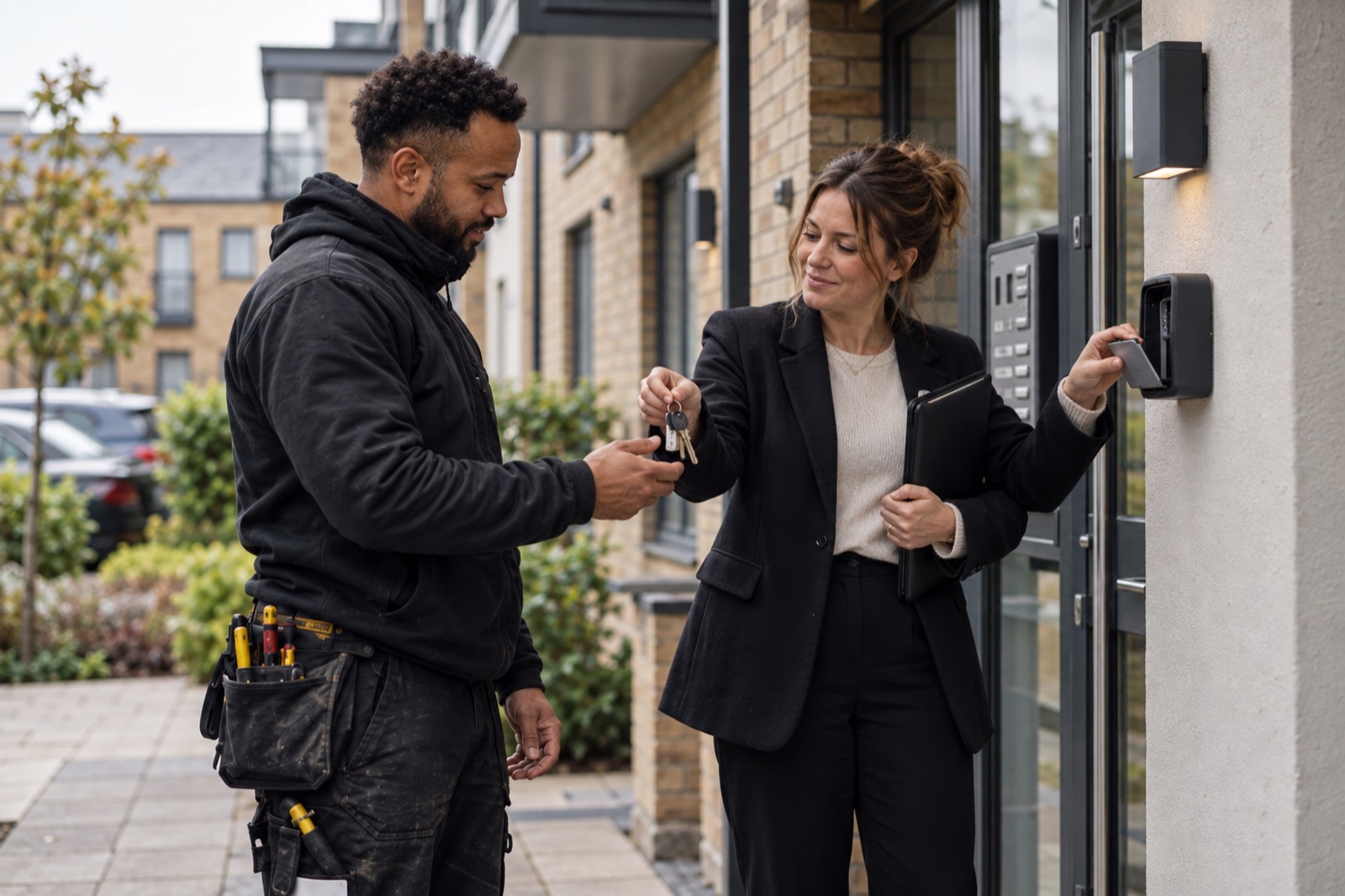 A letting agent takes a key from a key safe and hands the keys to an electrician outside a block of flats.
