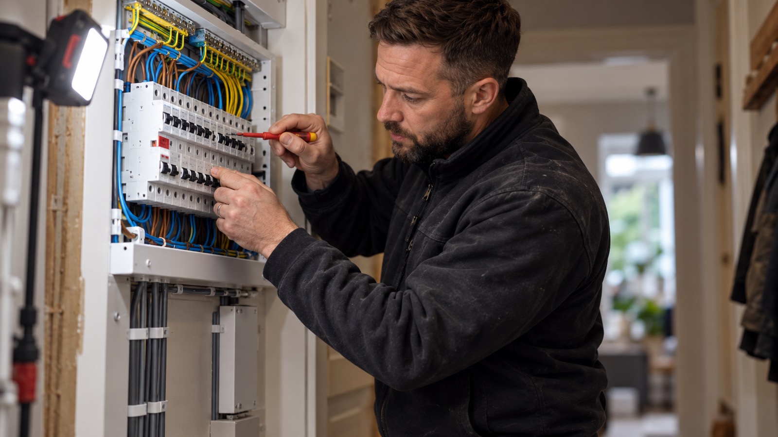 An electrician fitting a new consumer unit, rows of breakers and neatly dressed cables lit by a work light.