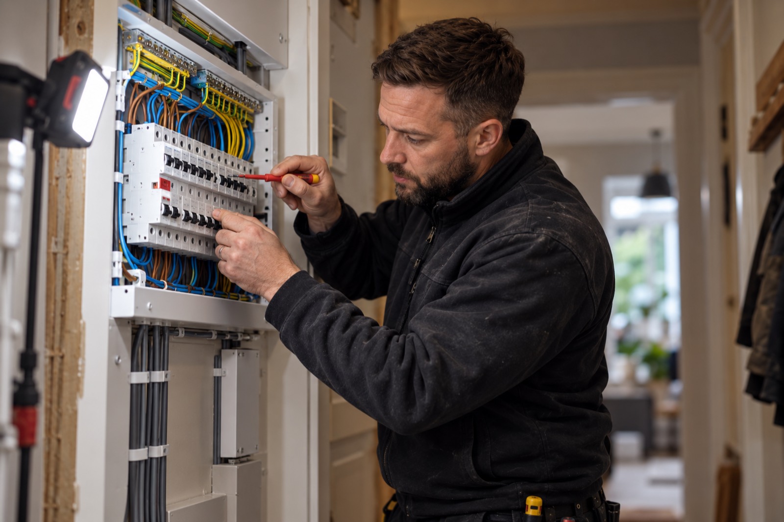 An electrician fitting a new consumer unit, rows of breakers and neatly dressed cables lit by a work light.