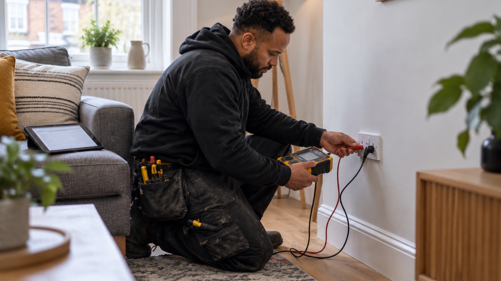 An electrician testing a double socket in a living room with a multifunction tester, a tablet resting on the sofa.
