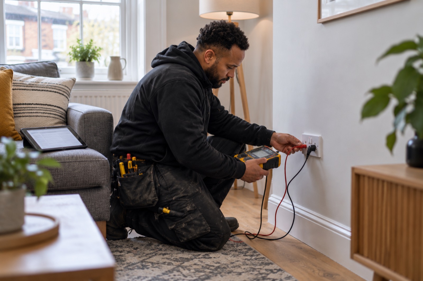 An electrician testing a double socket in a living room with a multifunction tester, a tablet resting on the sofa.